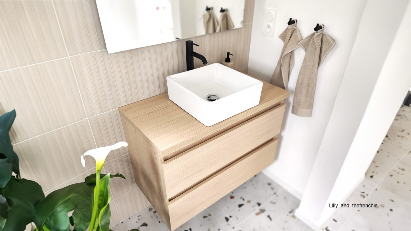 Meuble de salle de bain suspendu vasque à poser 90cm 2 tiroirs Chêne