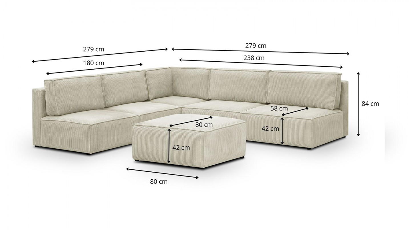 Canapé d'angle à gauche modulable 8 places avec pouf en velours côtelé beige - Harper Mod