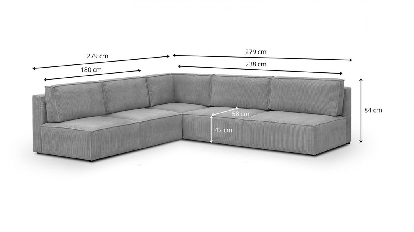 Canapé d'angle à gauche modulable 8 places en velours côtelé gris clair - Harper Mod