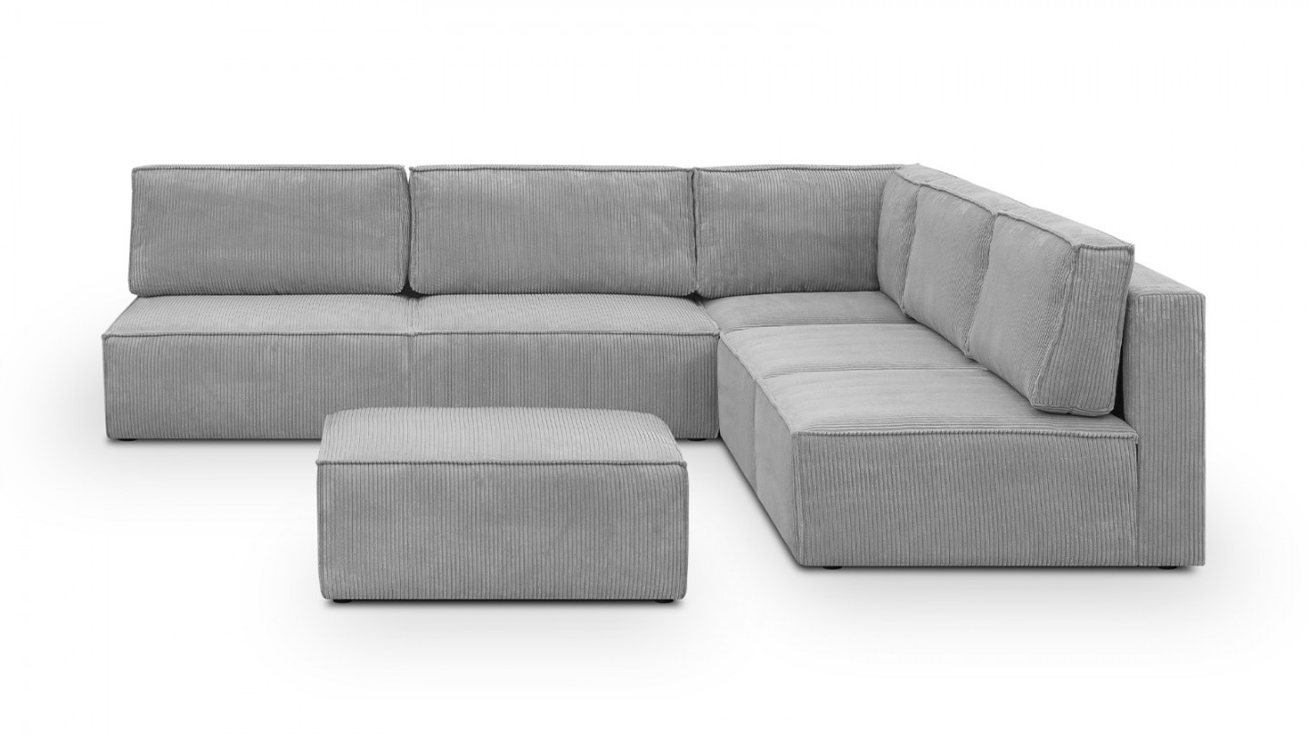 Canapé d'angle à droite modulable 8 places avec pouf en velours côtelé gris clair - Harper Mod