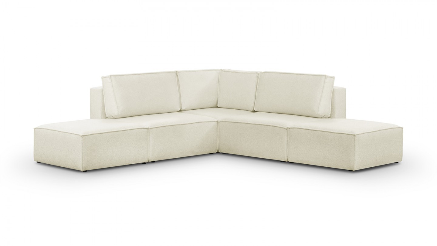 Canapé d'angle à droite modulable 4 places avec 2 poufs en tissu bouclé écru - Harper Mod
