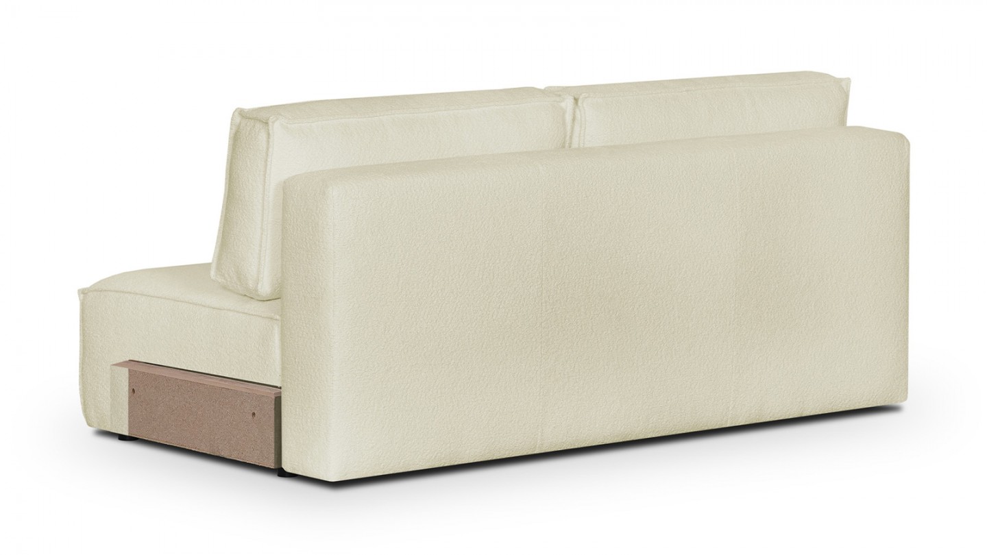 Canapé d'angle à droite panoramique convertible modulable 8 places avec pouf en tissu bouclé écru - Harper Mod