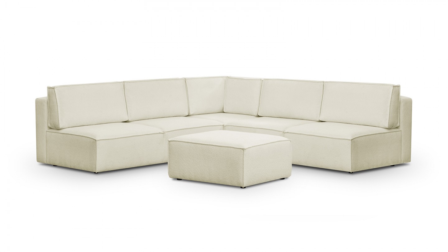 Canapé d'angle à gauche modulable 8 places avec pouf en tissu bouclé écru - Harper Mod