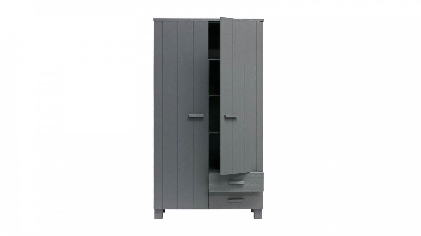 Armoire 2 portes 2 tiroirs en pin gris anthracite - Collection Dennis - Woood