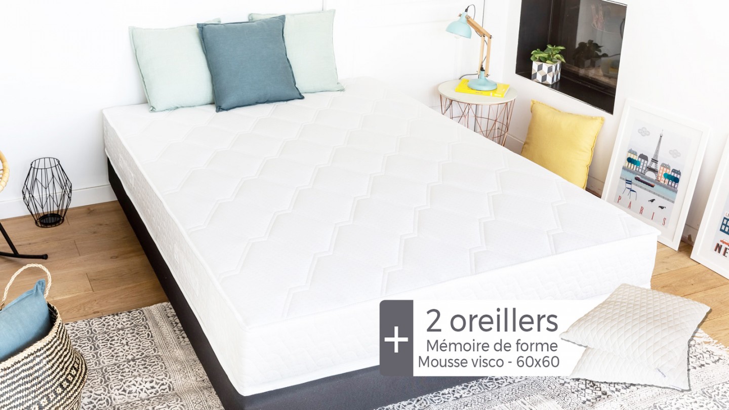 Ensemble matelas ressorts + sommier 140x190 Spring Confort Hbedding + 2 oreillers à mémoire de forme 60x60cm.