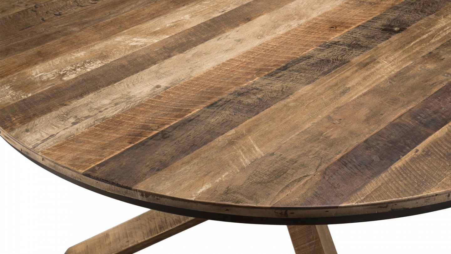 Table à manger ronde piètement croisé en teck recyclé et acacia - Collection Sixtine