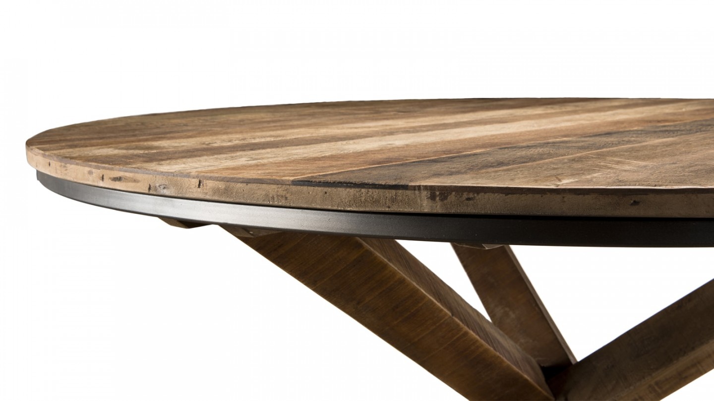 Table à manger ronde piètement croisé en teck recyclé et acacia - Collection Sixtine