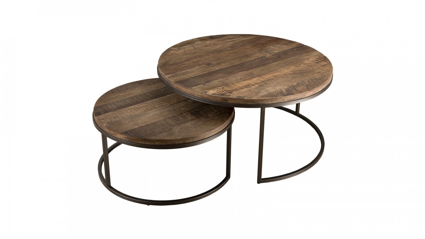 Set de 2 tables basses gigognes en teck recyclé acacia et métal - Collection Sixtine