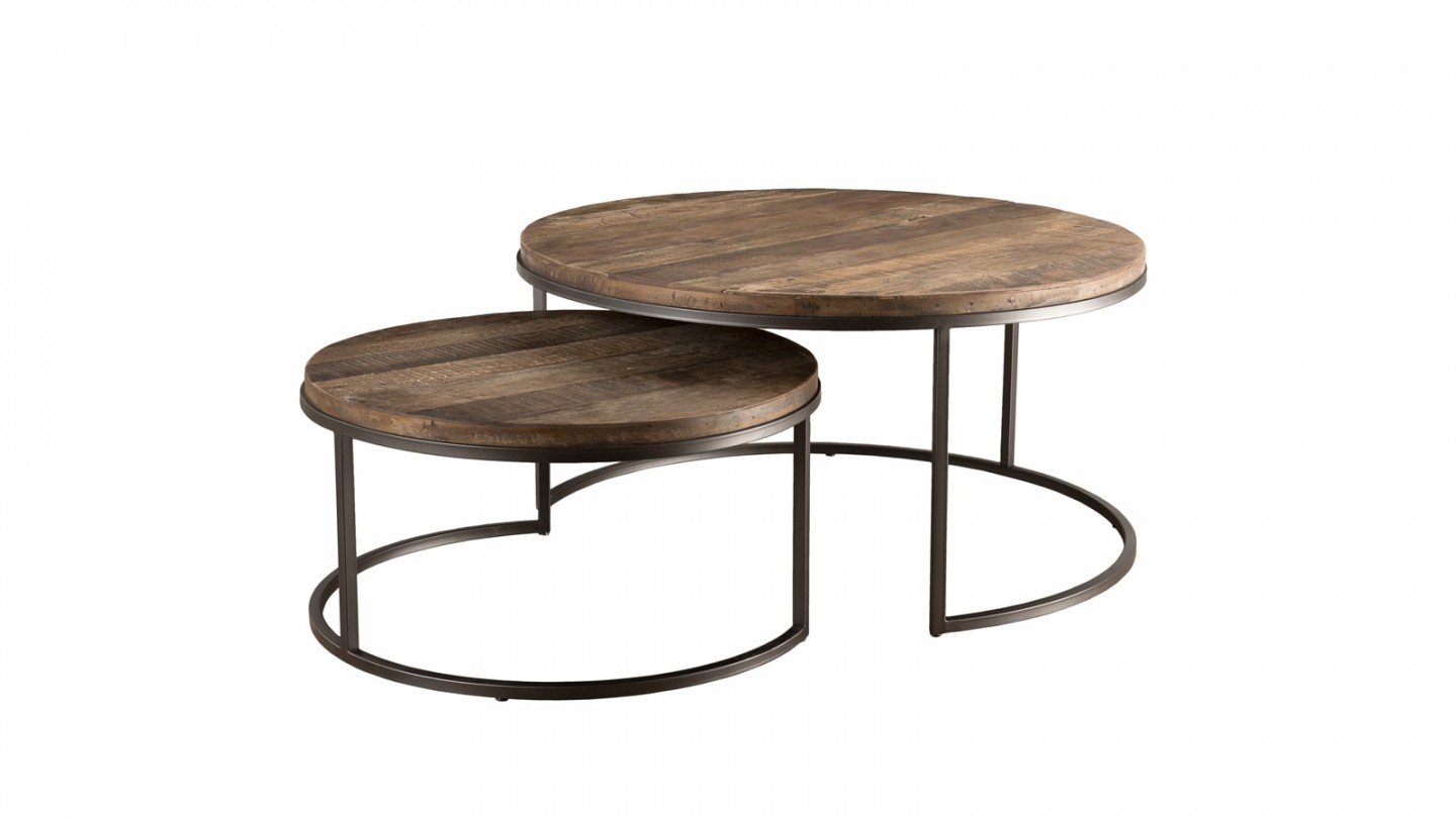 Set de 2 tables basses gigognes en teck recyclé acacia et métal - Collection Sixtine