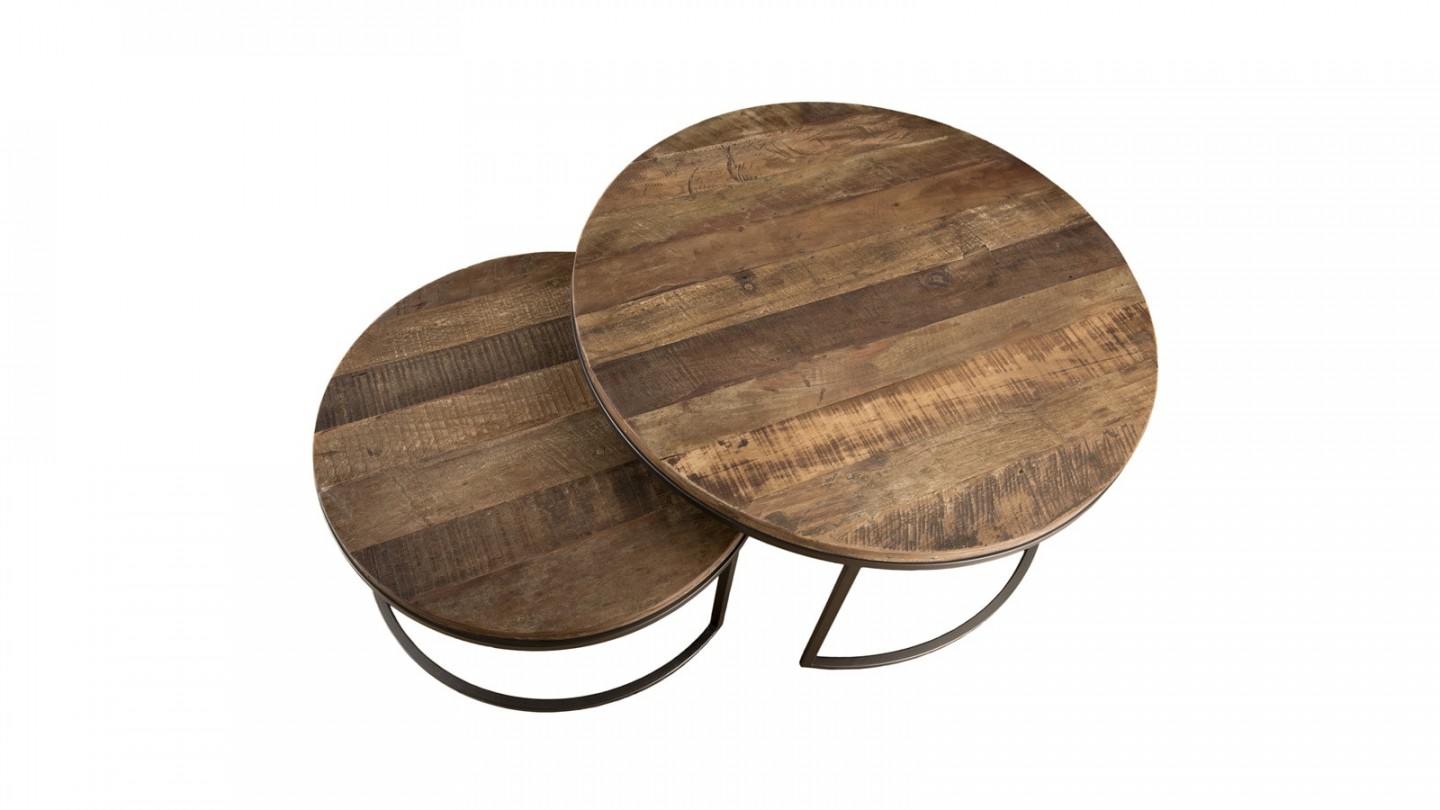 Set de 2 tables basses gigognes en teck recyclé acacia et métal - Collection Sixtine