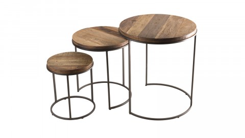 Set de 3 tables rondes gigognes en teck recyclé acacia et métal - Collection Sixtine