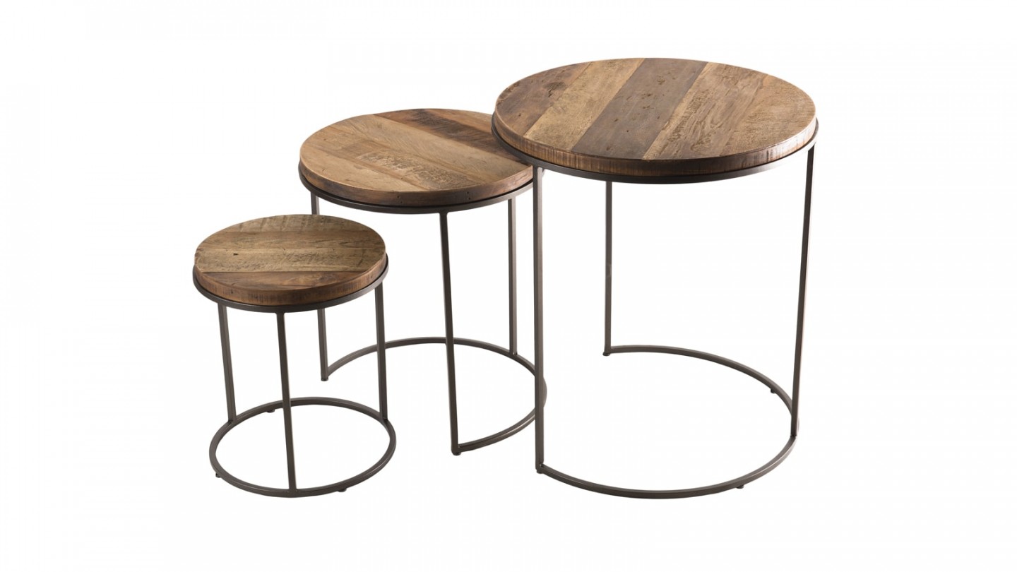 Set de 3 tables rondes gigognes en teck recyclé acacia et métal - Collection Sixtine