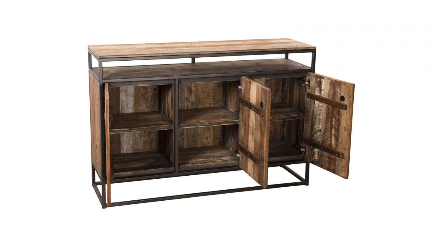 Buffet 3 portes 1 étagère en teck recyclé acacia et métal - Collection Sixtine