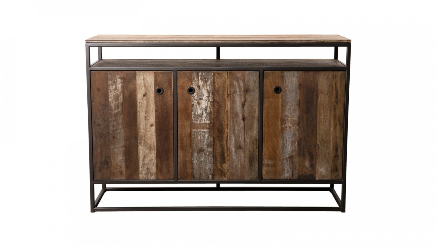 Buffet 3 portes 1 étagère en teck recyclé acacia et métal - Collection Sixtine