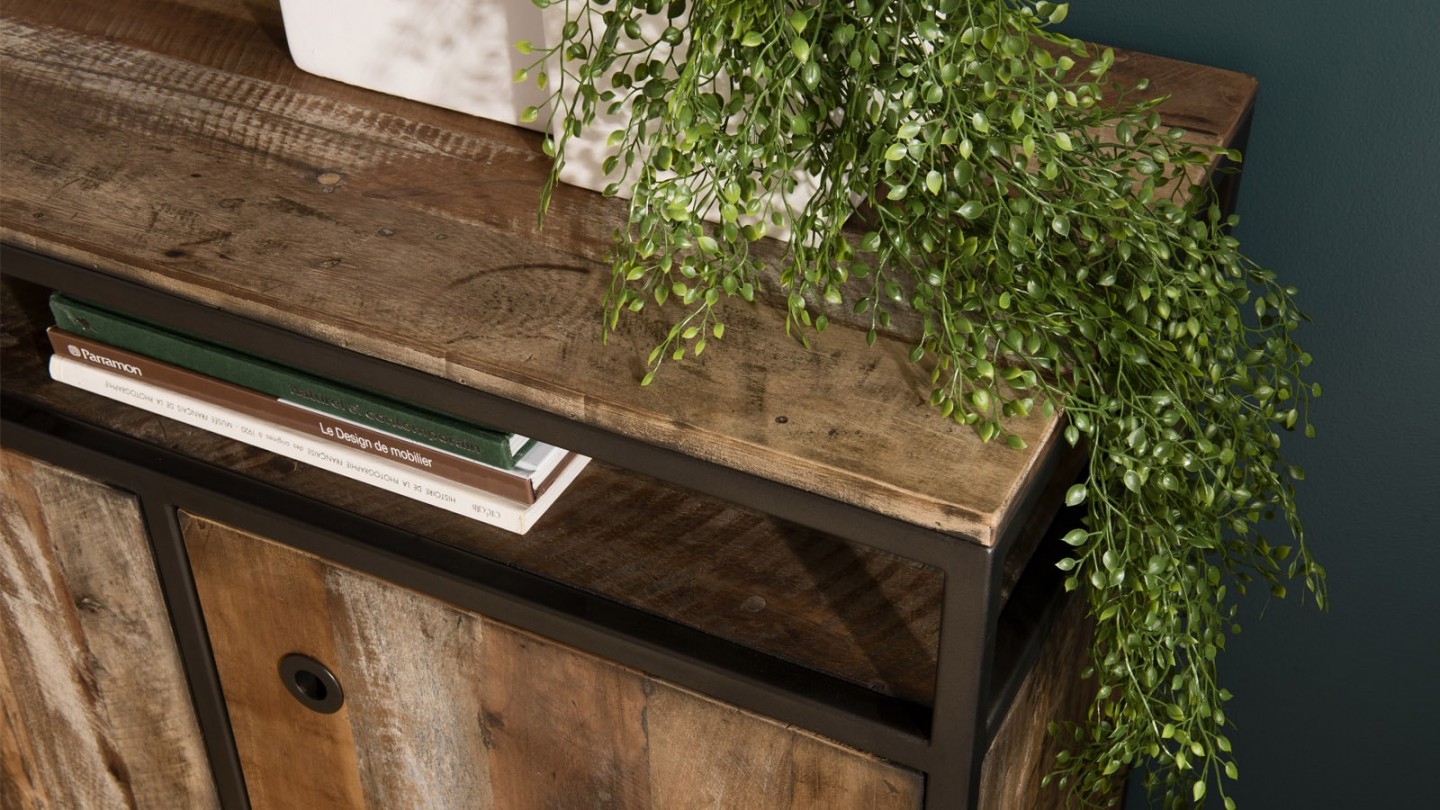 Buffet 3 portes 1 étagère en teck recyclé acacia et métal - Collection Sixtine