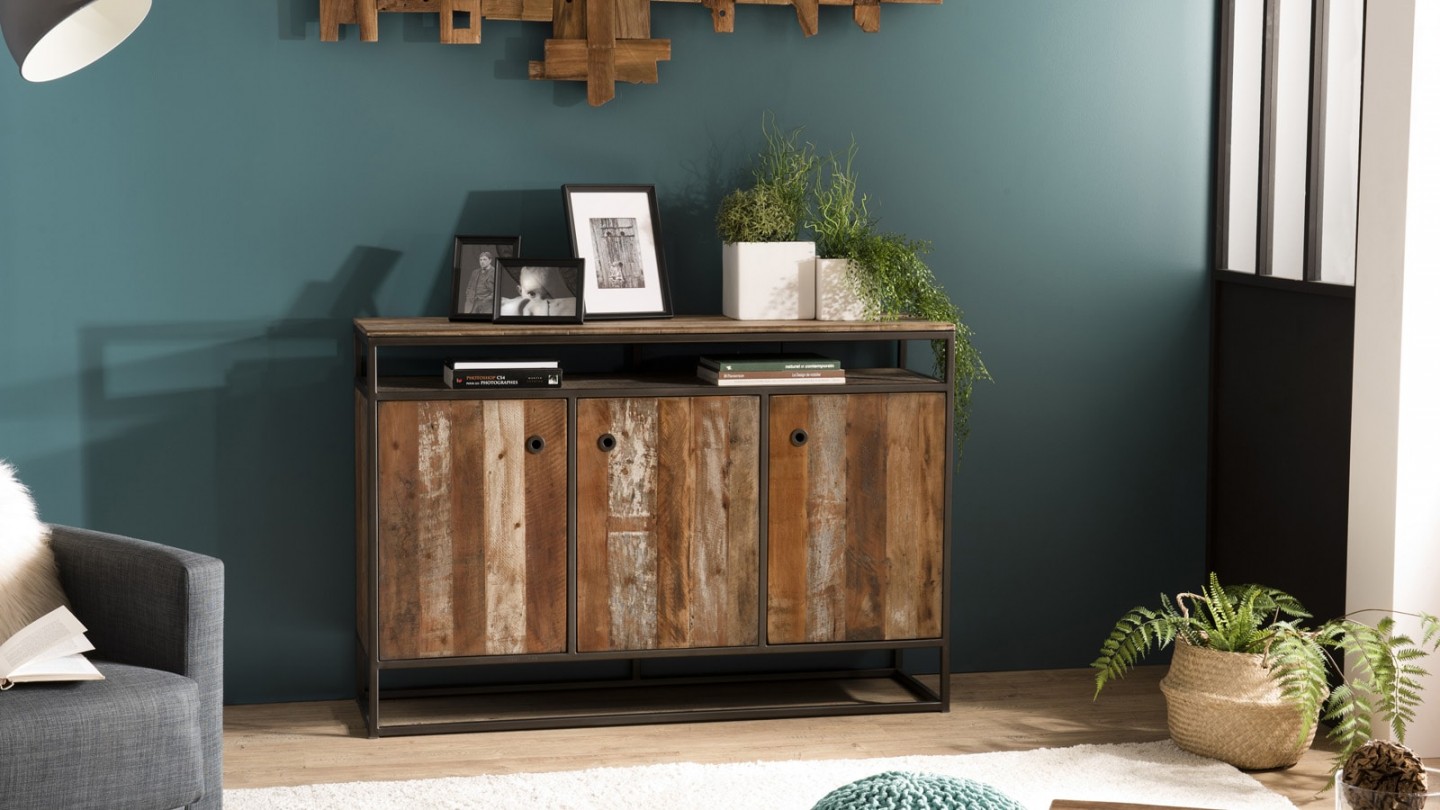 Buffet 3 portes 1 étagère en teck recyclé acacia et métal - Collection Sixtine