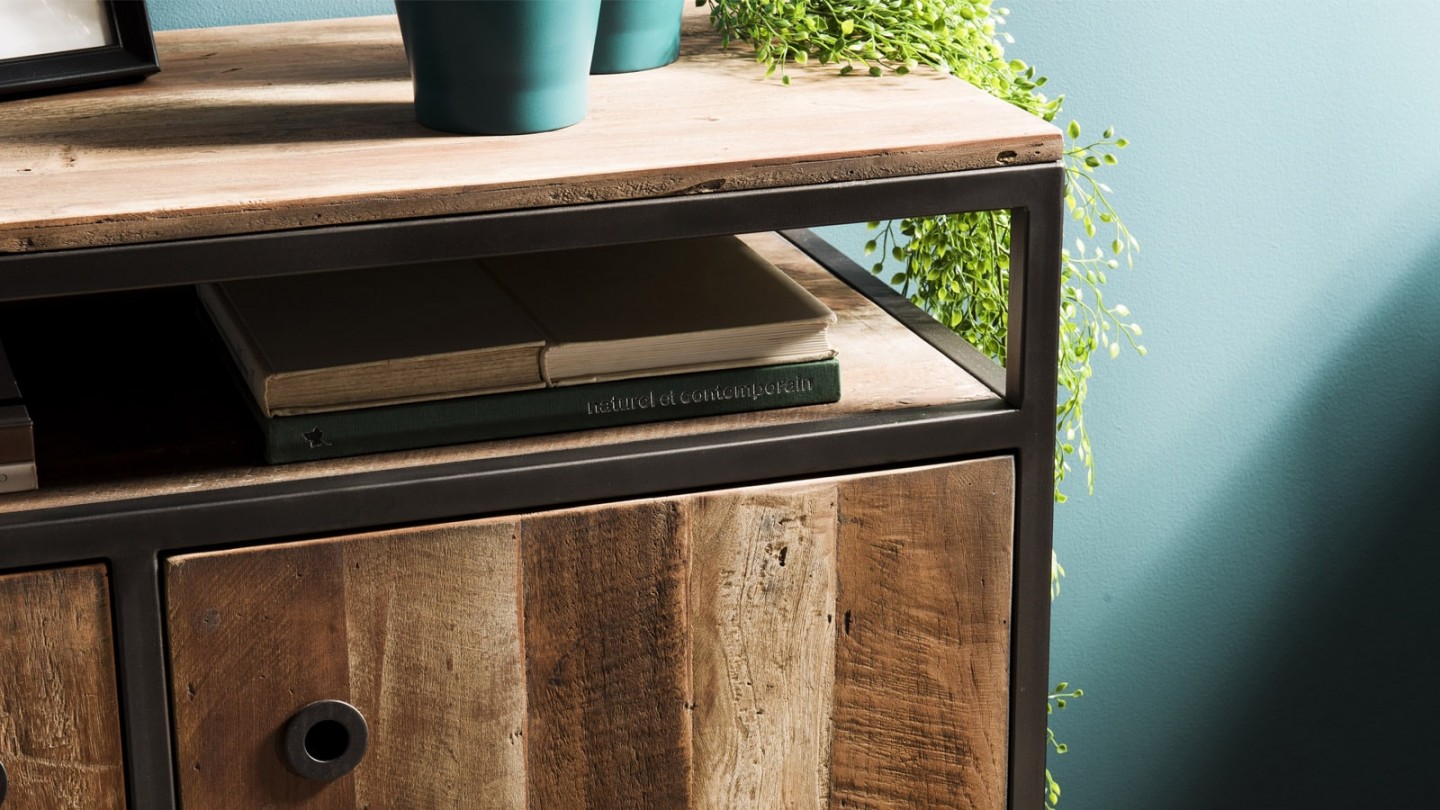 Buffet 2 portes 1 étagère en teck recyclé acacia et métal - Collection Sixtine
