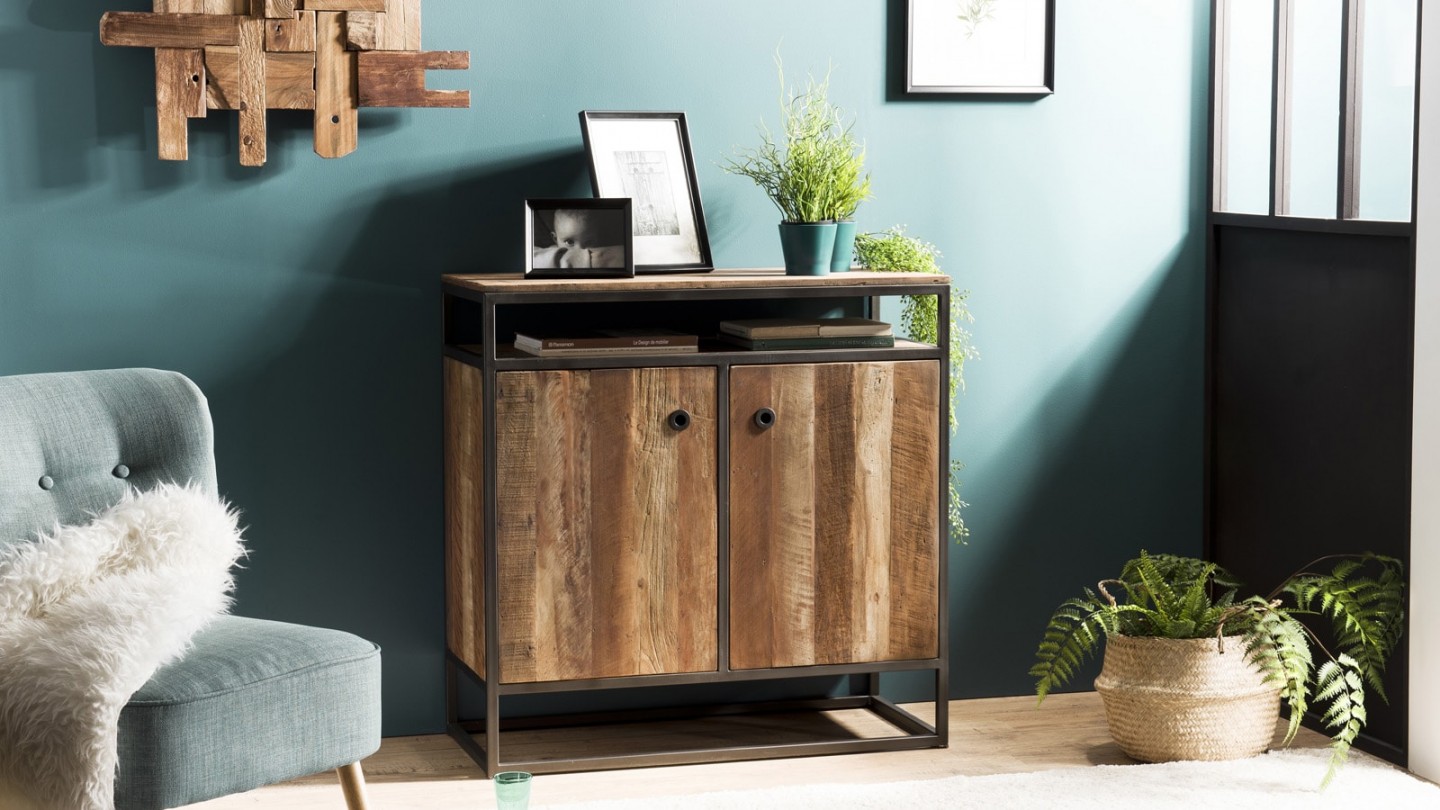 Buffet 2 portes 1 étagère en teck recyclé acacia et métal - Collection Sixtine
