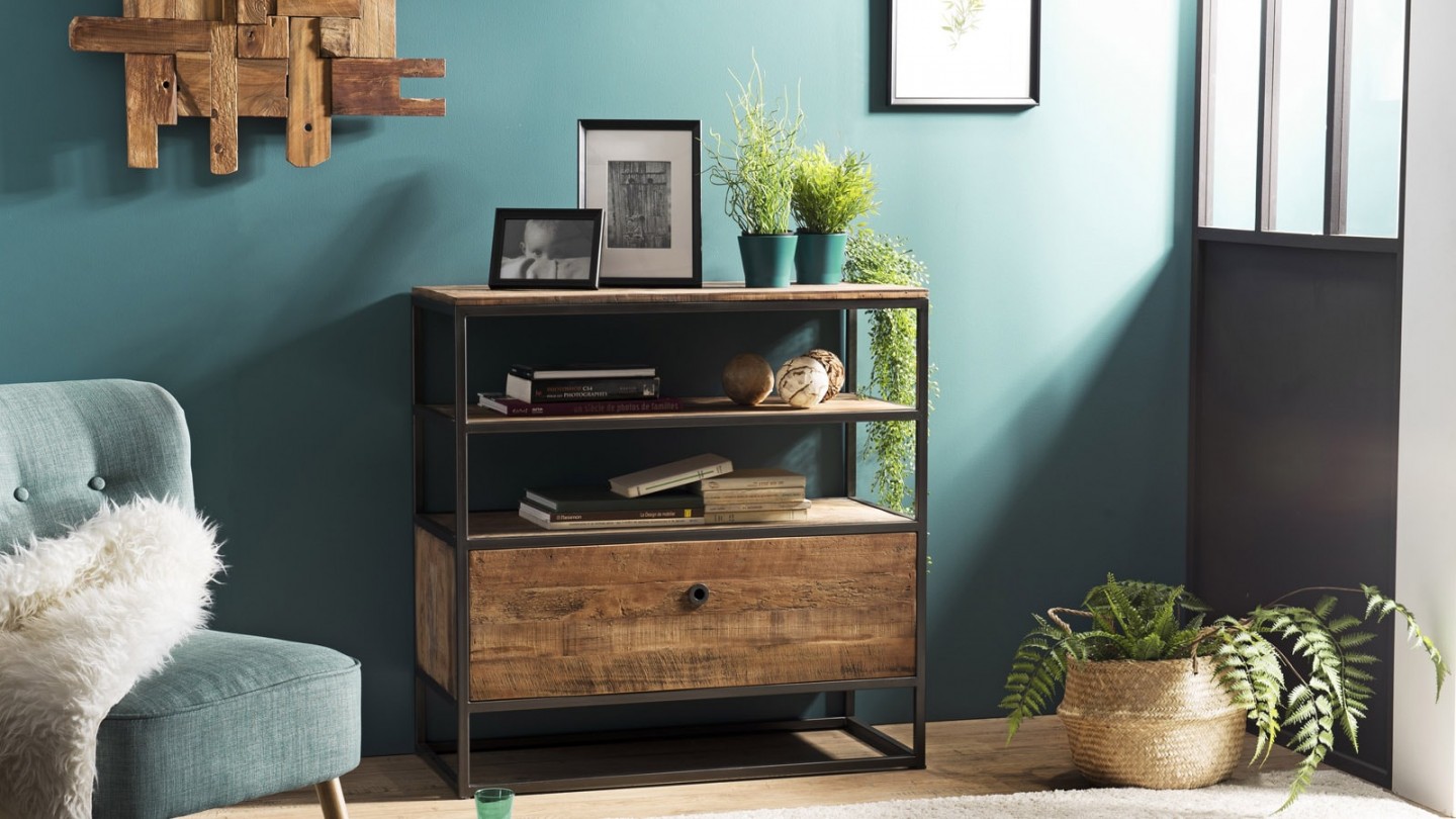 Etagère 1 tiroir 2 étages en teck recyclé acacia et métal - Collection Sixtine