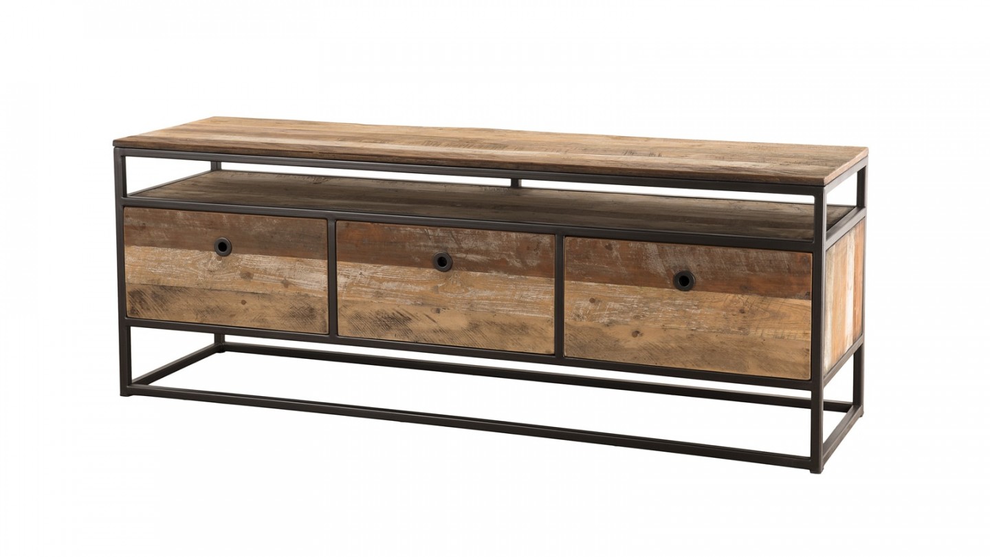 Meuble TV 3 tiroirs en teck recyclé acacia et métal - Collection Sixtine