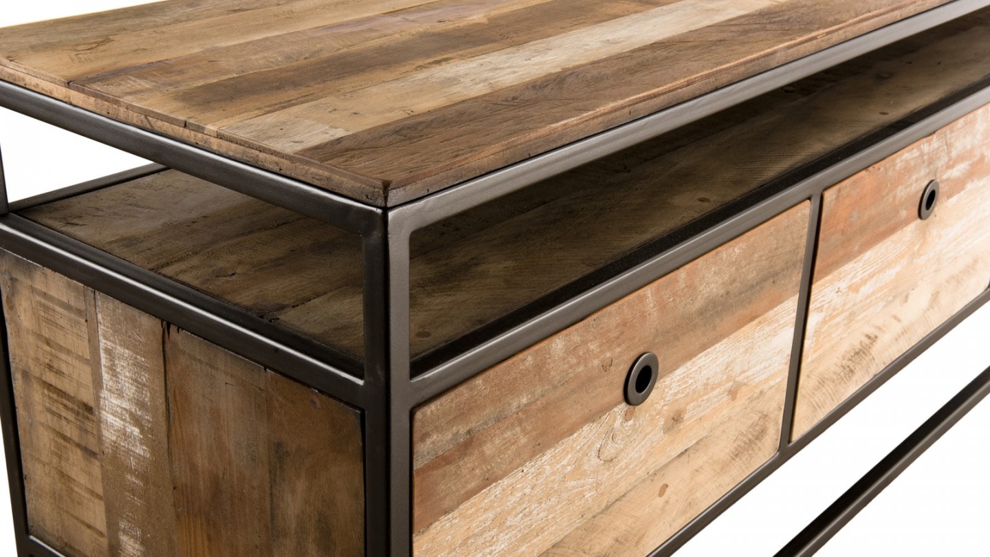 Meuble TV 3 tiroirs en teck recyclé acacia et métal - Collection Sixtine