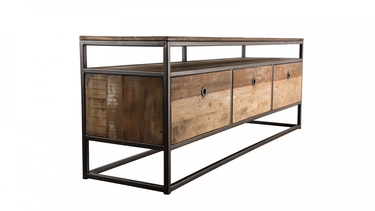 Meuble TV 3 tiroirs en teck recyclé acacia et métal - Collection Sixtine