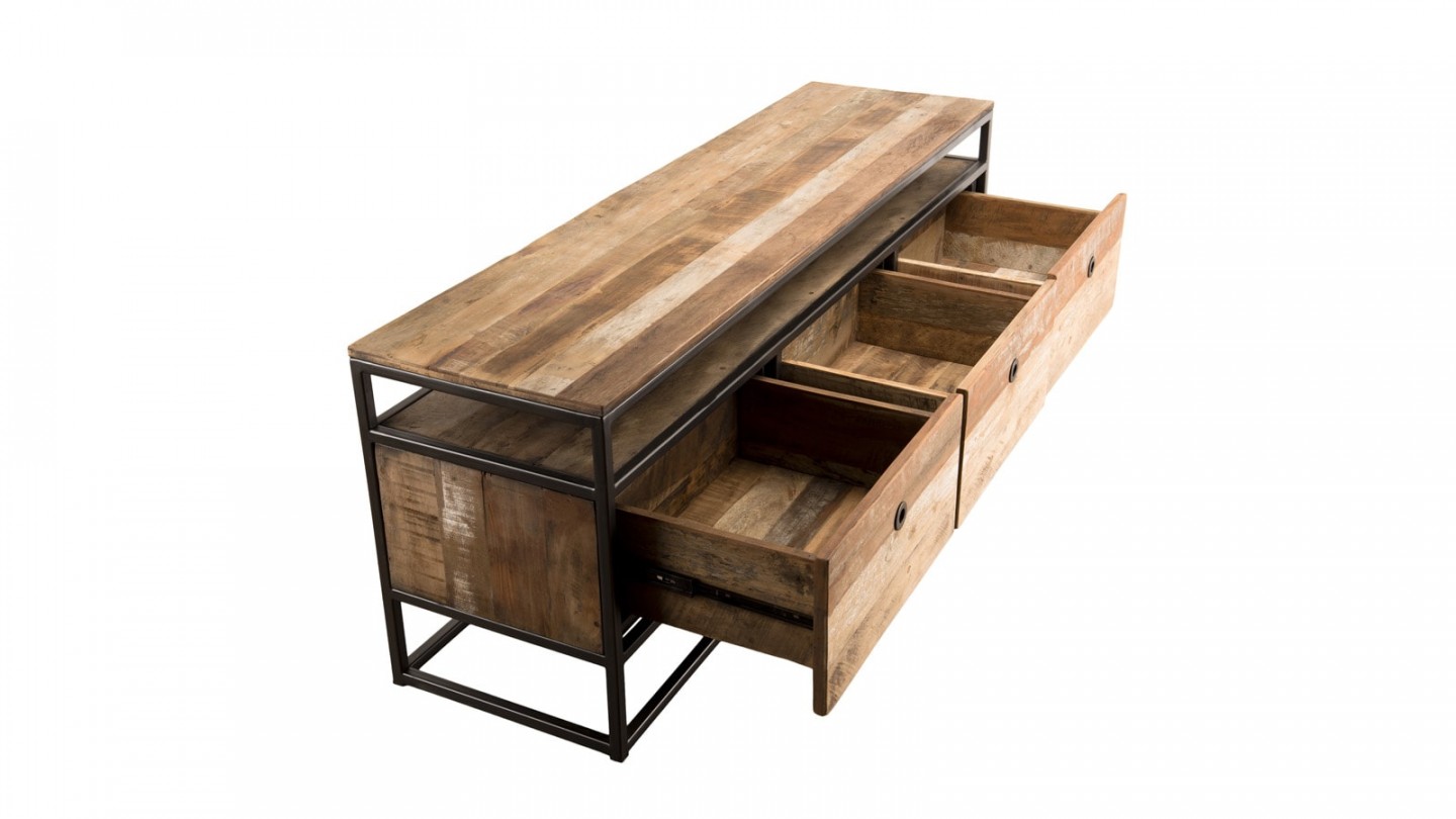 Meuble TV 3 tiroirs en teck recyclé acacia et métal - Collection Sixtine