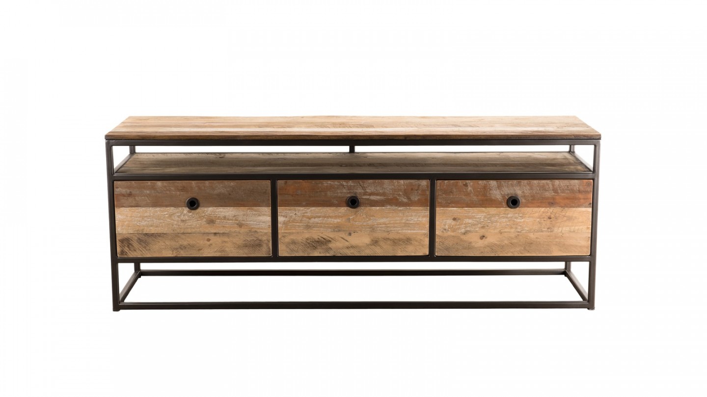 Meuble TV 3 tiroirs en teck recyclé acacia et métal - Collection Sixtine