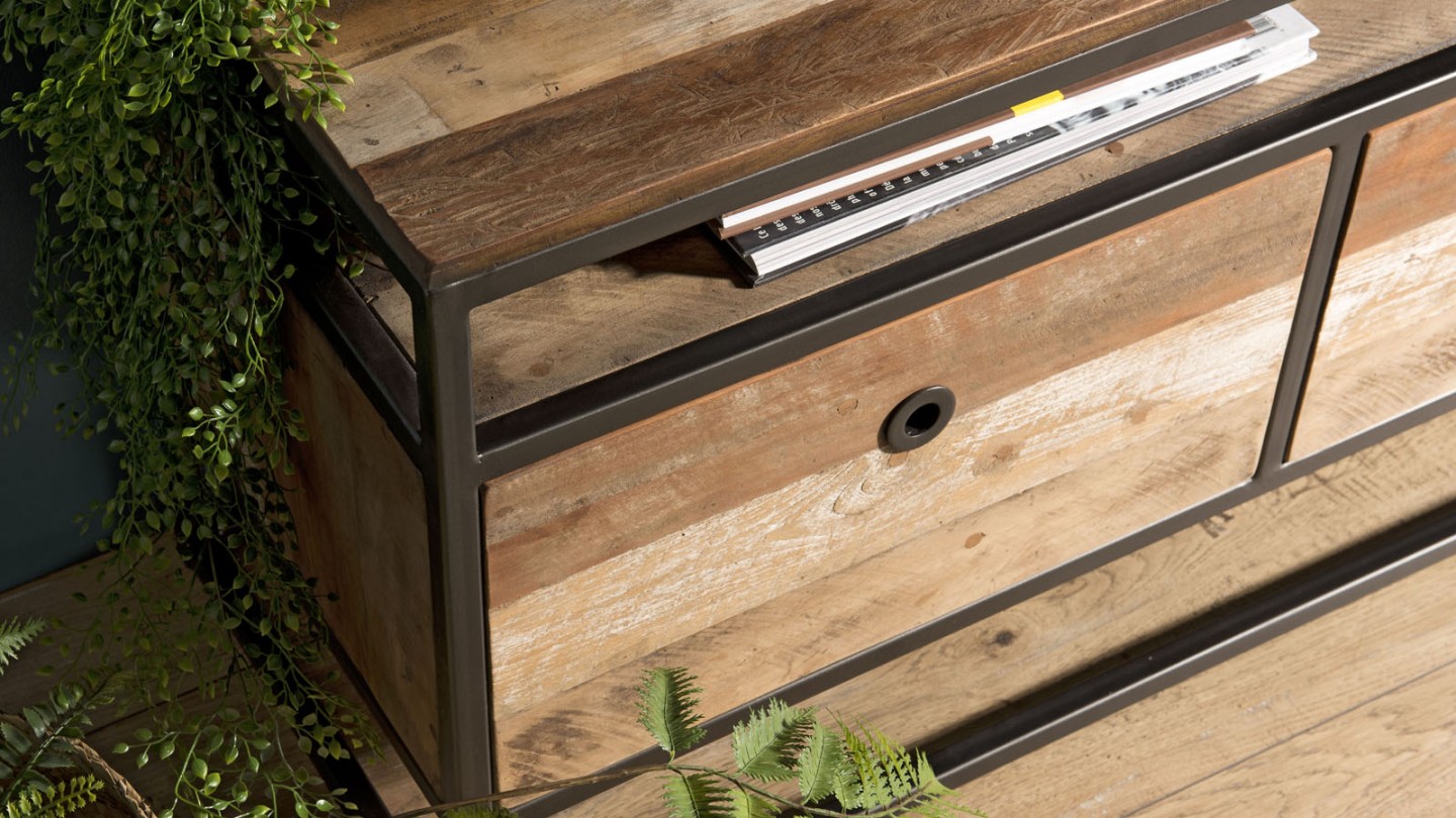 Meuble TV 3 tiroirs en teck recyclé acacia et métal - Collection Sixtine