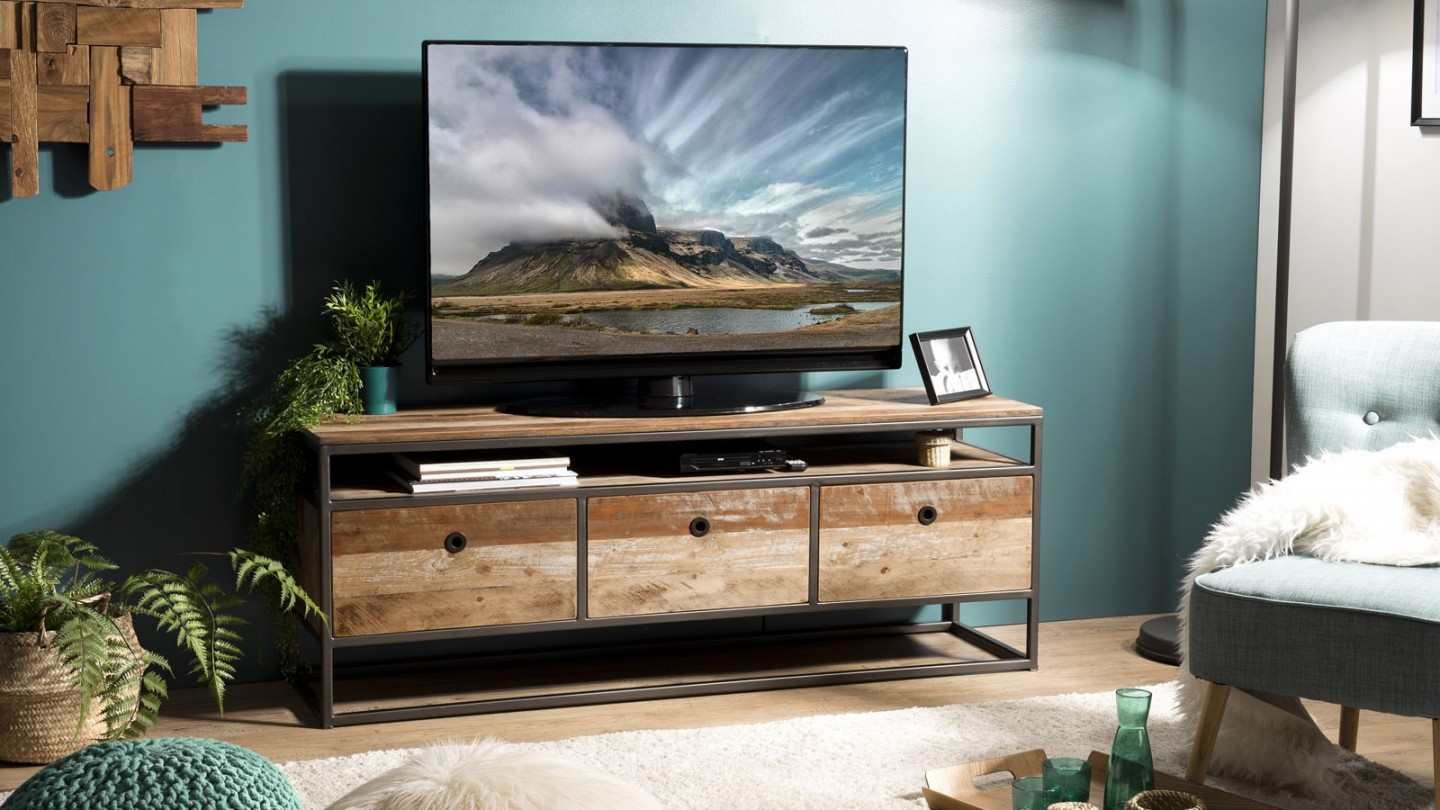 Meuble TV 3 tiroirs en teck recyclé acacia et métal - Collection Sixtine