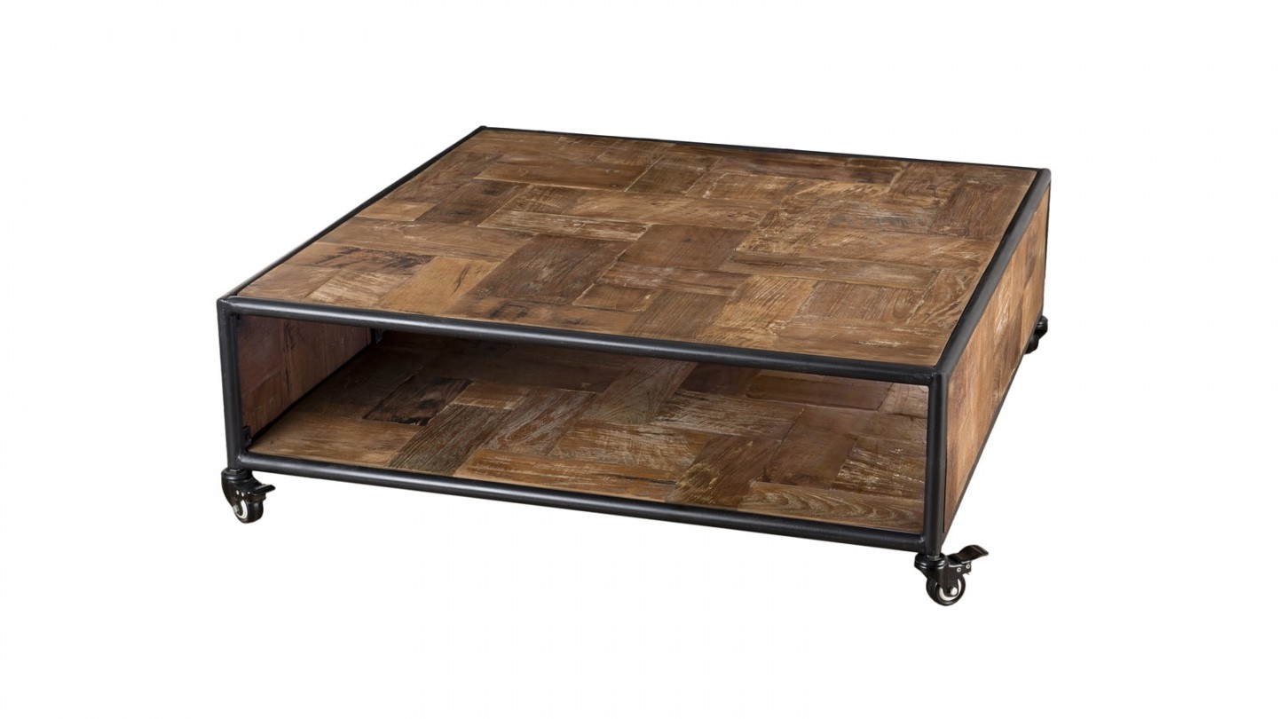 Table basse carrée à roulettes 1 étagère en teck recyclé et métal - Collection Sixtine