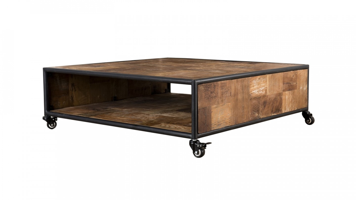 Table basse carrée à roulettes 1 étagère en teck recyclé et métal - Collection Sixtine