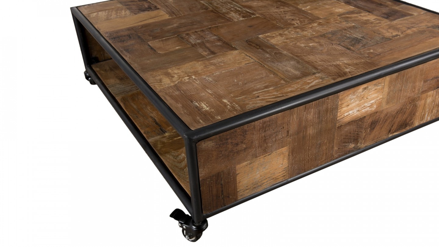Table basse carrée à roulettes 1 étagère en teck recyclé et métal - Collection Sixtine