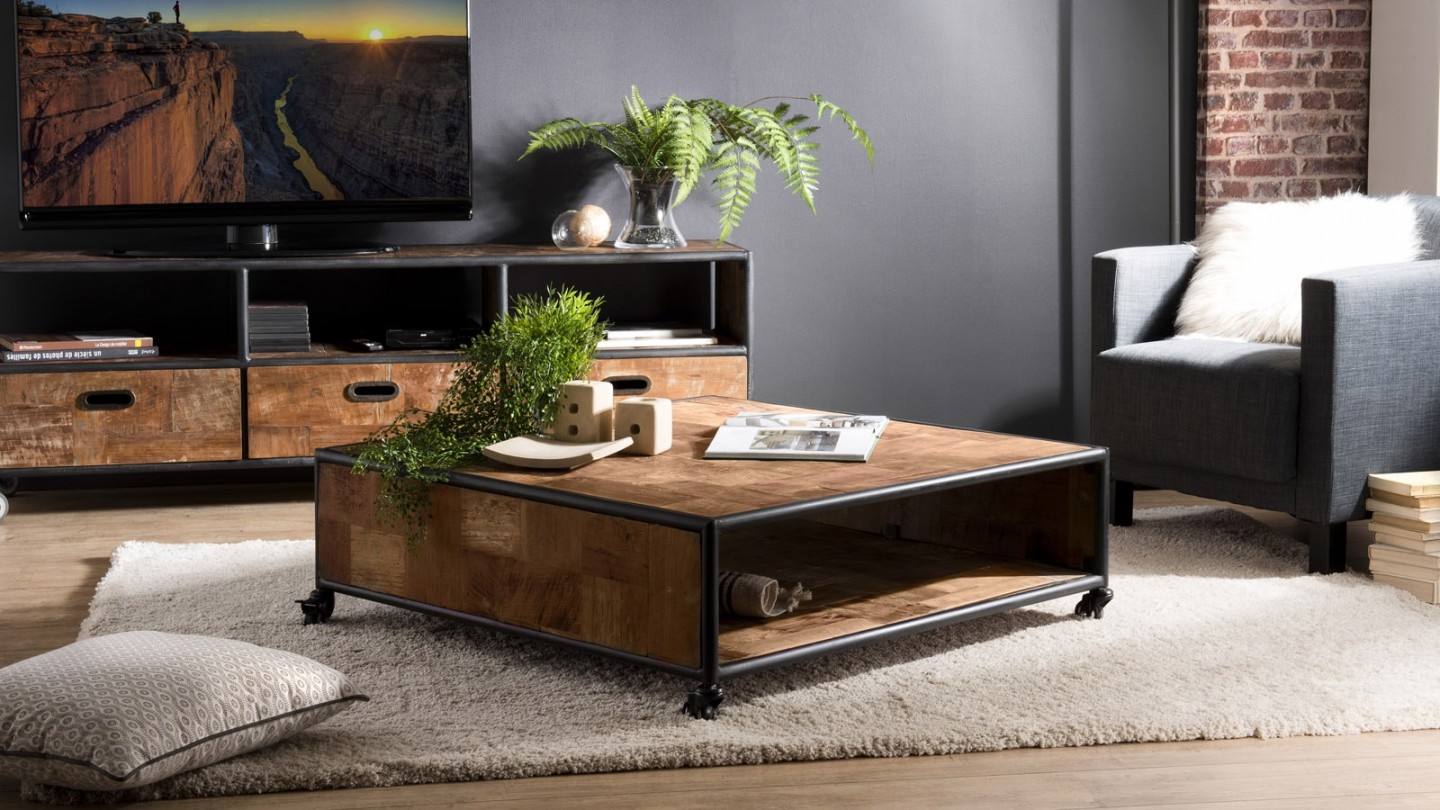 Table basse carrée à roulettes 1 étagère en teck recyclé et métal - Collection Sixtine