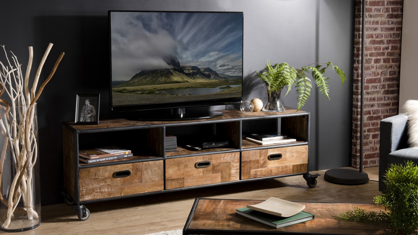 Meuble TV à roulettes 3 tiroirs 3 niches en teck recyclé et métal - Collection Sixtine