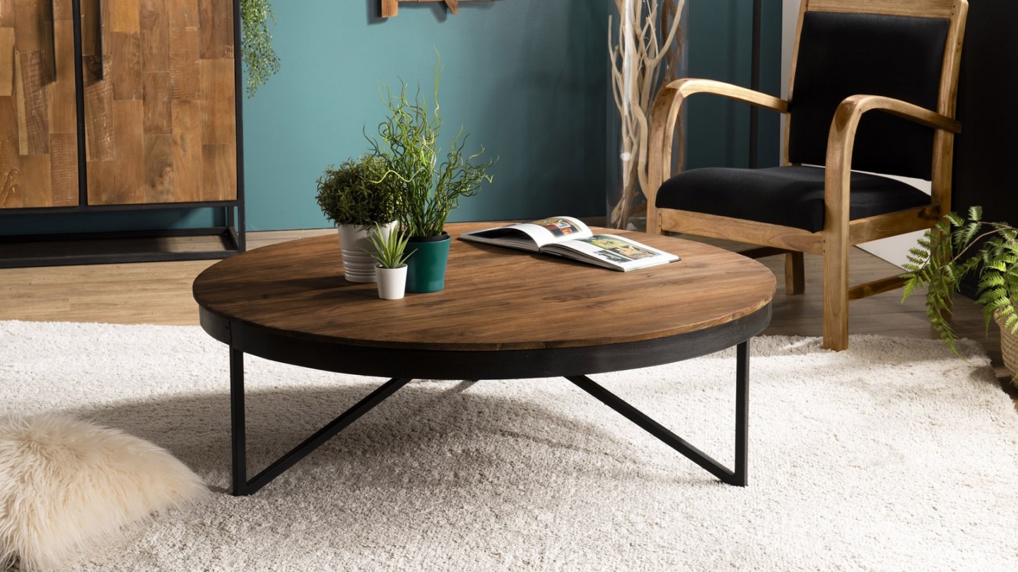 Table basse ronde en teck recyclé piètement métal - Collection Sixtine