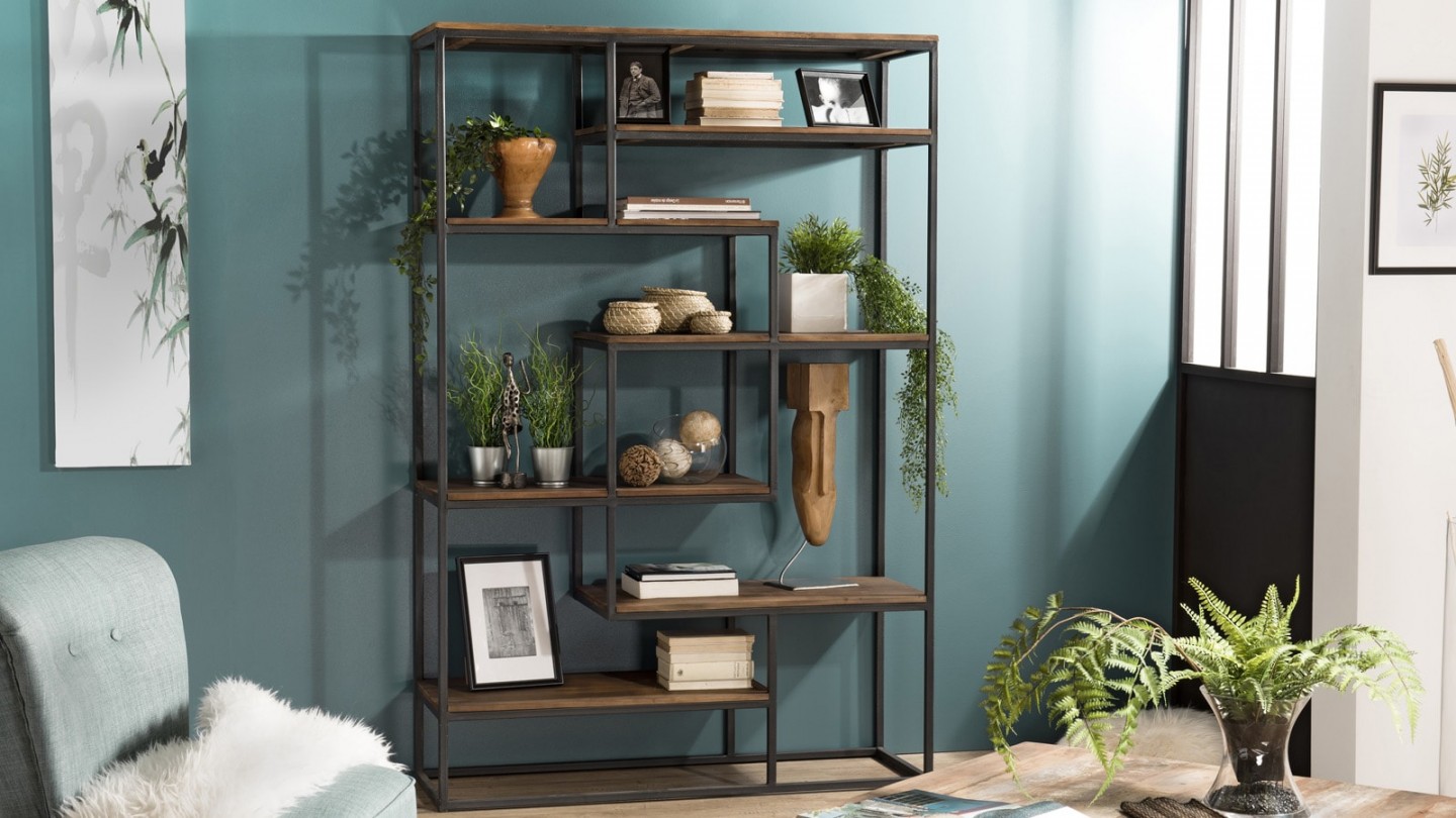 Etagère décalée en teck recyclé et métal - Collection Sixtine