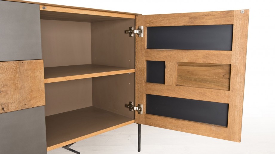 Buffet 2 portes 3 tiroirs en teck recyclé façade et piètement en métal - Collection Maxence
