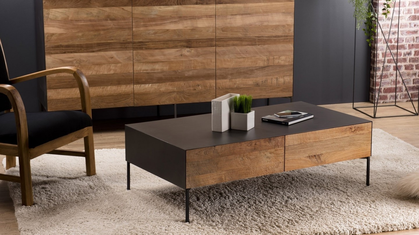 Table basse 111x60cm 2 tiroirs en teck recyclé et métal - Collection Maxence