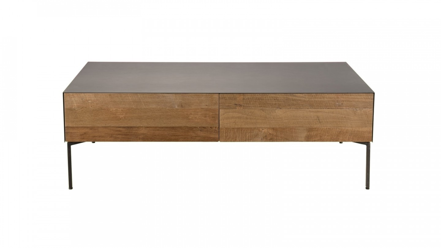 Table basse 111x60cm 2 tiroirs en teck recyclé et métal - Collection Maxence