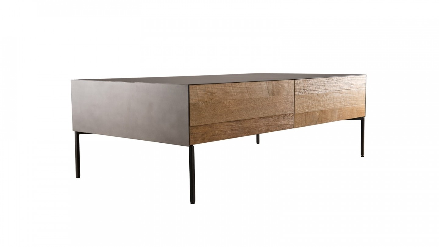 Table basse 111x60cm 2 tiroirs en teck recyclé et métal - Collection Maxence