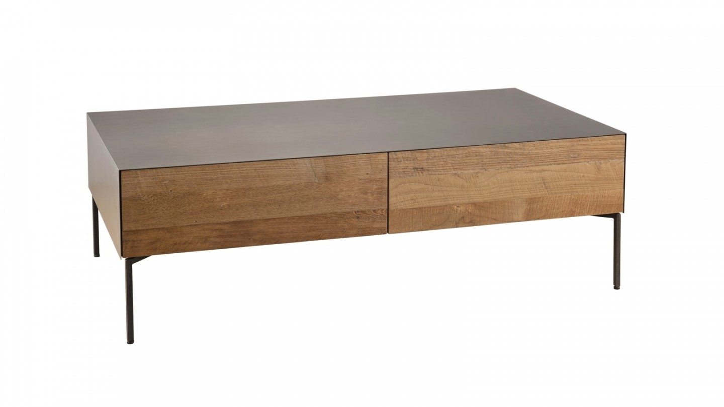 Table basse 111x60cm 2 tiroirs en teck recyclé et métal - Collection Maxence