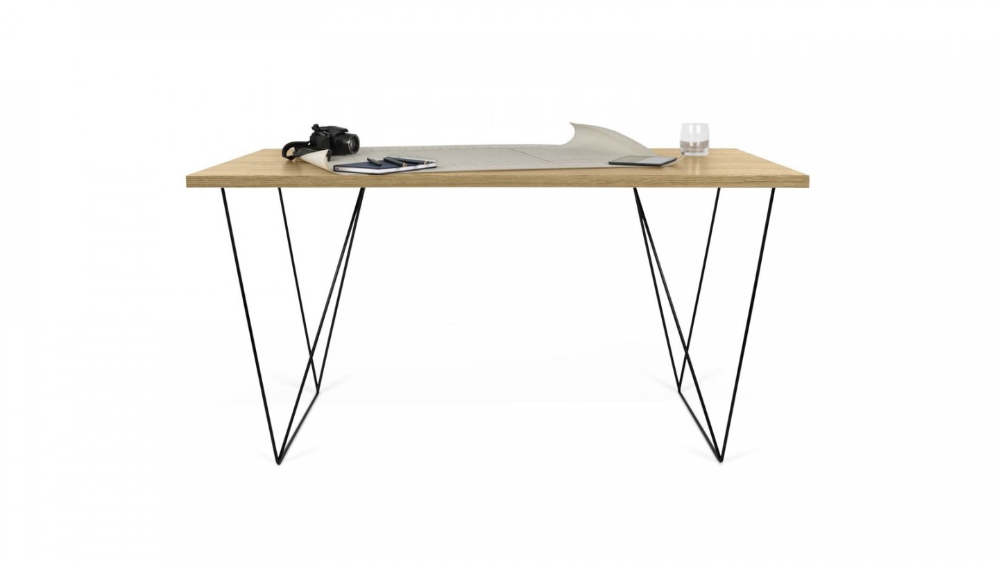 Bureau en contreplaqué naturel piètement polygonal en métal noir - Collection Flow - Temahome