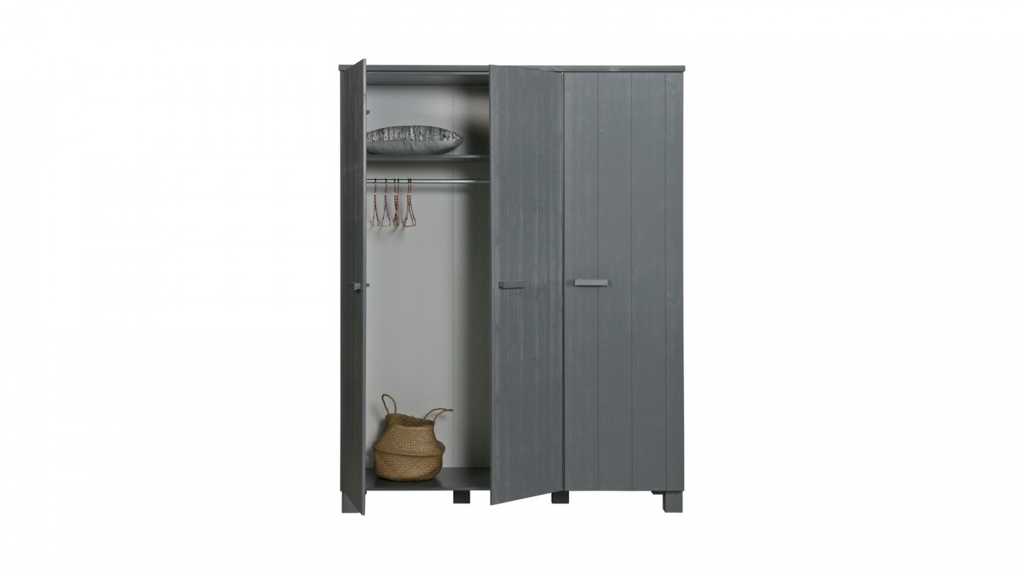 Armoire 3 portes en pin massif gris anthracite - Collection Dennis - Woood