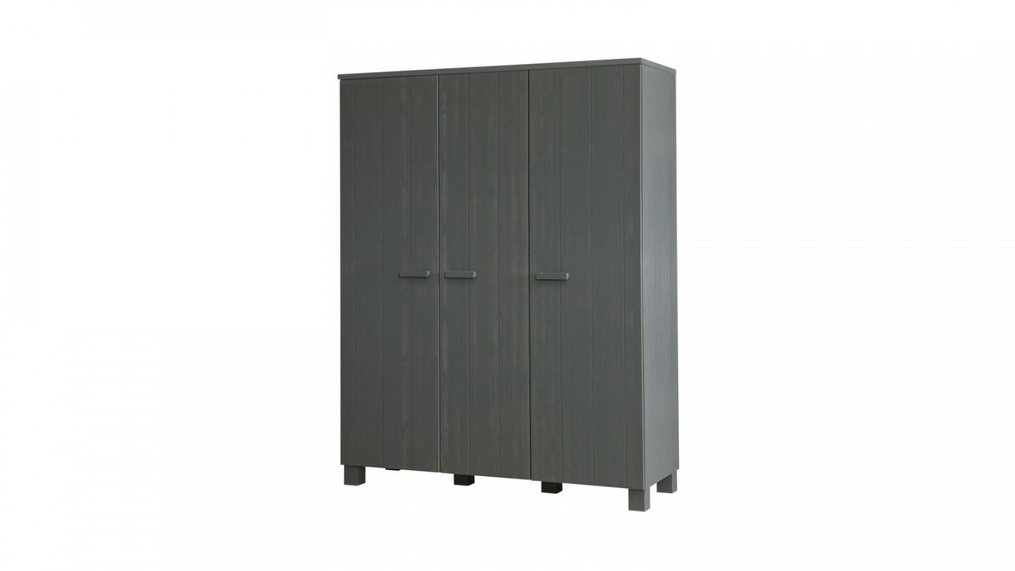 Armoire 3 portes en pin massif gris anthracite - Collection Dennis - Woood