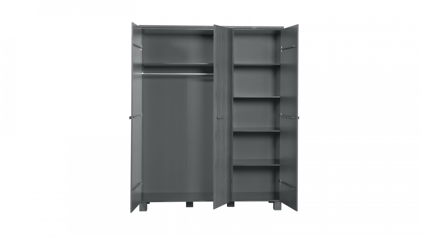 Armoire 3 portes en pin massif gris anthracite - Collection Dennis - Woood
