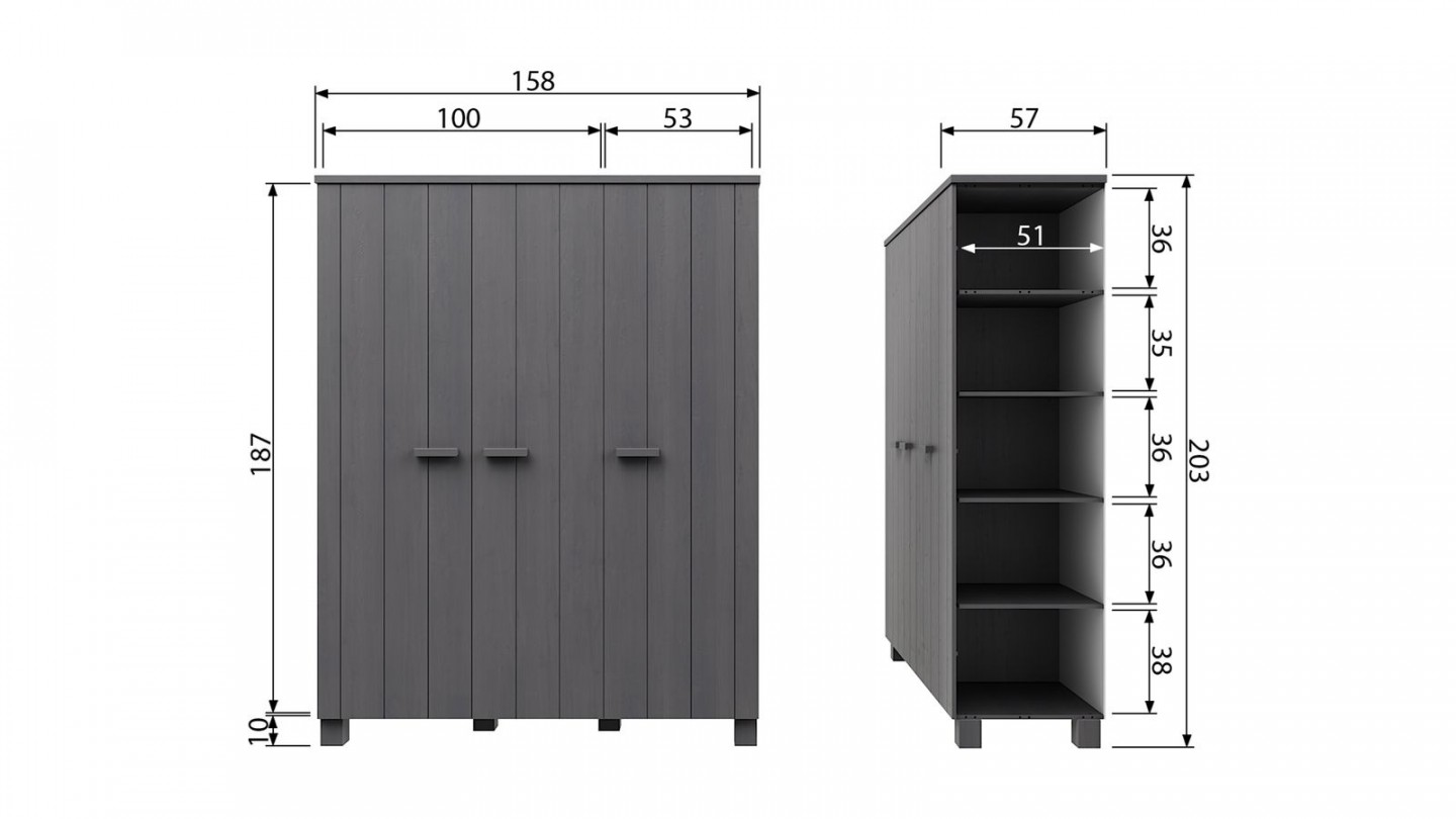 Armoire 3 portes en pin massif gris anthracite - Collection Dennis - Woood