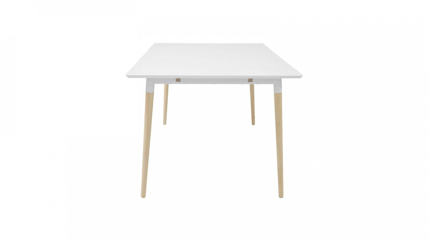 Table à manger 4 personnes en melamine blanc piètement en chêne naturel - Collection Olivia
