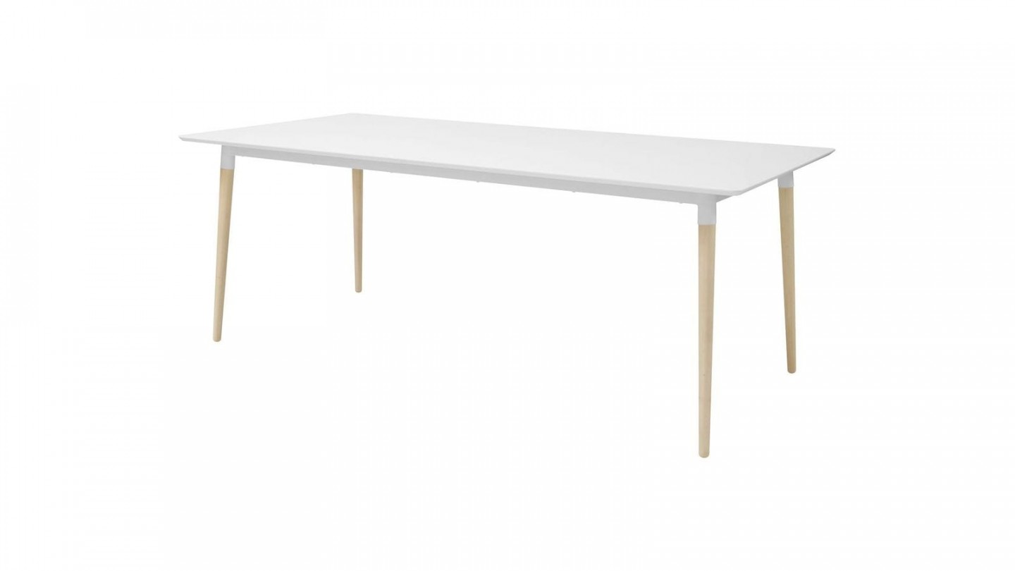 Table à manger 4 personnes en melamine blanc piètement en chêne naturel - Collection Olivia