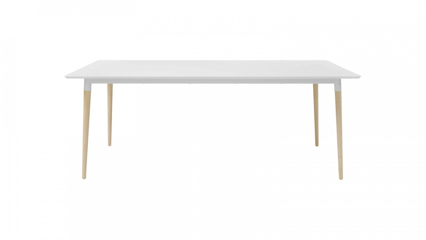 Table à manger 4 personnes en melamine blanc piètement en chêne naturel - Collection Olivia
